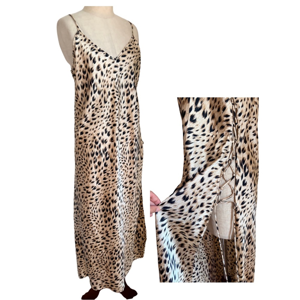 Sz M VTG Y2K 90's Leopard Cheetah Print Slip Dress Coquette Side Lace Up Grunge